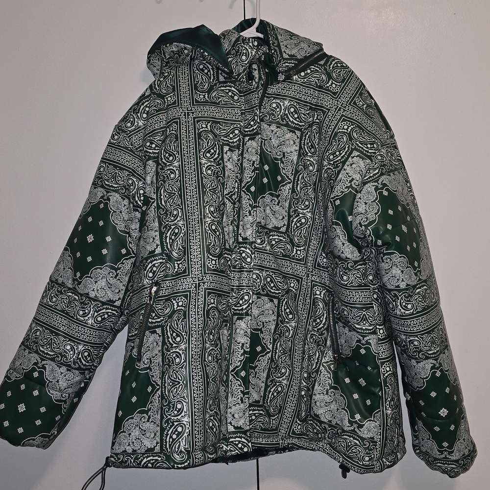 Green Unisex Paisley PU Oversized Putffer Coat-M(UK size)
